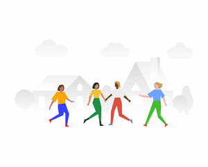 Lifestyle scene - four girls walking down the street to meet each other. Friends, neighbors in colorful clothes are happy to see each other. Modern vector illustration in trendy style.