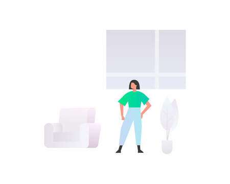 A young girl in colored clothes stands in a cozy room. The concept of loneliness, self-isolation, sad. Modern vector illustration in trendy style.