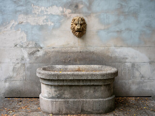 Stone historic fountain, lion head, Warsaw, Poland