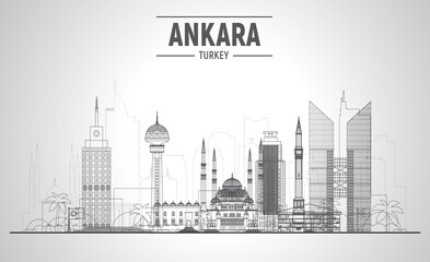 Obraz premium Ankara (Turkey) city line skyline on a white background. Flat vector illustration. Business travel and tourism concept with modern and old buildings. Image for banner or website.
