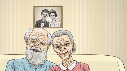 An elderly couple is sitting on the sofa against the background of a vintage wedding photo.