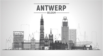 Antwerp (Belgium) line skyline with panorama in white background. Vector Illustration. Business travel and tourism concept with modern buildings. Image for presentation, banner, website.