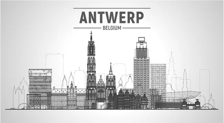 Zelfklevend Fotobehang Antwerpen Antwerpen (België) lijn skyline met panorama op witte achtergrond. Vectorillustratie. Zakenreizen en toerisme concept met moderne gebouwen. Afbeelding voor presentatie, banner, website.