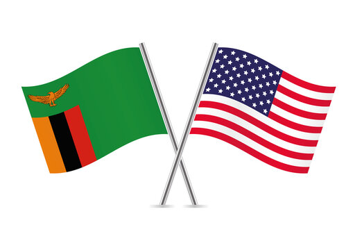 Zambia and America crossed flags. Zambian and American flags are isolated on white background. Vector icon set. Vector illustration.