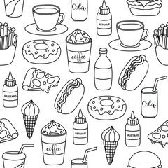 Fast food vector seamless pattern. Isolated on white background. Black and white