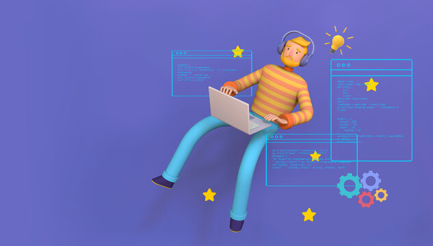 Web development, programmer engineering and coding website. Concept of script coding python for beginners. Trendy 3d illustration.