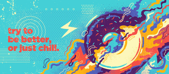 Abstract lifestyle graffiti design with donut and colorful splashing shapes. Vector illustration.
