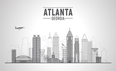 Naklejka premium Atlanta (Georgia ) line city skyline white background. Flat vector illustration. Business travel and tourism concept with modern buildings. Image for banner or website.