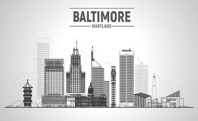 Naklejka premium Baltimore ( Maryland ) line skyline with silhouette at white background. Vector Illustration. Business travel and tourism concept with modern buildings.