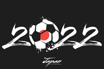 Numbers 2022 and a abstract soccer ball painted in the colors of the Japan flag. 2022 and flag of Japan in the form of a soccer ball made of blots. Vector illustration on isolated background