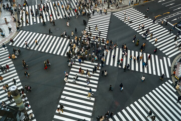 People passing the street crossing in Ginza district, Tokyo. Crosswalk. Intersection in Tokyo