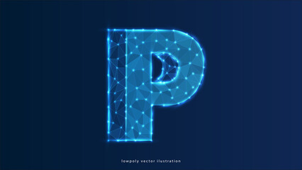 alphabet P Wireframe Digital P Letter with Low Poly Mesh and Blue Neon. Contemporary Symbol. Digital Font in Futuristic Techno Style. Transparent lines Network Concept for IT brochure, Card or Logo De