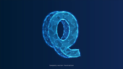 Alphabet letter Q. Design of an Uppercase english letter. Banner, template or a pattern. Abstract digital wireframe, low poly mesh, vector blue neon 3d illustration. Triangle, line dot