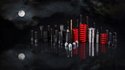 skyline of a city at night made with hardware, screws, springs, punches, nuts and car parts, fake city with the moon in the background reflecting in a simulated sea