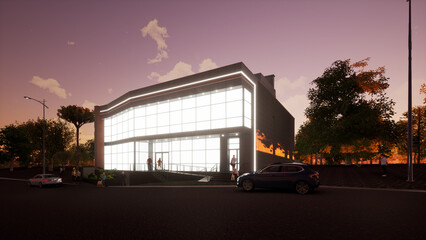 Obraz premium Modern office project, shop building. 3d graphics. Architectural visualization.