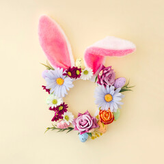 Easter creative bunny look with copy space. Retro romantic aesthetic spring or Easter concept of the 80's, 90's. Minimal idea for holiday invitations and posters.