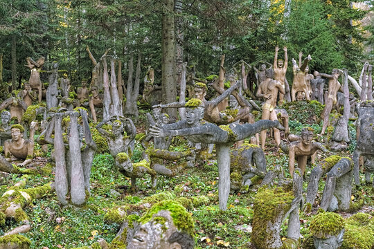 Parikkala, Finland. Yoga garden in the sculpture park (Parikkalan patsaspuisto) by artist Veijo Ronkkonen. The park contains about 560 concrete statues and a magnificent garden.
