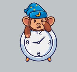 cute monkey wake up clock alarm. isolated cartoon animal nature illustration. Flat Style suitable for Sticker Icon Design Premium Logo vector. Mascot Character