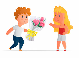 Vector cartoon illustration with an elderly couple. It depicts old man who gives a bouquet of flowers to an old woman. The concept of love in any age, Valentine s Day.
