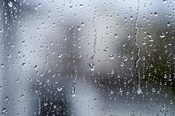 Close-up of water droplets on glass. Large rain drops strike a window pane.