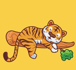 cute tiger sleep on tree. isolated cartoon animal nature illustration. Flat Style suitable for Sticker Icon Design Premium Logo vector. Mascot Character
