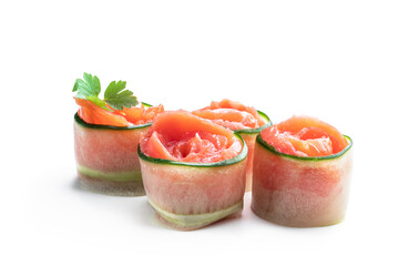 Salmon rolls with cucumber slice isolated on white