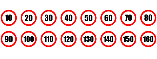 Speed limit icon. Set of red road signs of 10-160 kmh.  Circle standard road sign number kmh. eps 10 - obrazy, fototapety, plakaty