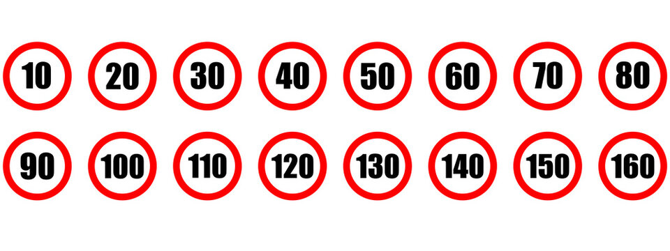 Speed limit icon. Set of red road signs of 10-160 kmh.  Circle standard road sign number kmh. eps 10