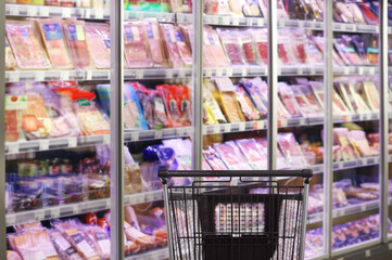 empty grocery cart in an empty supermarket