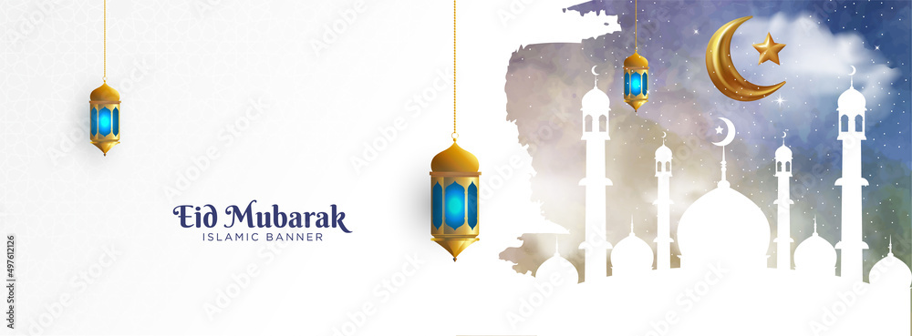 Wall mural Eid mubarak islamic banner background with brush and watercolor style