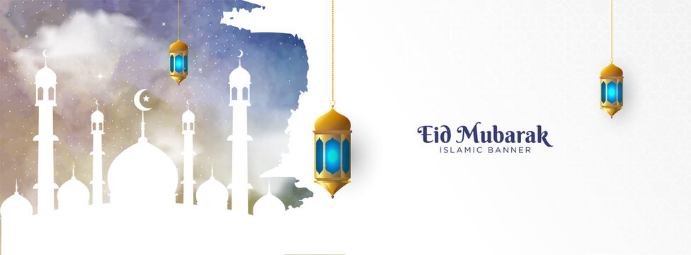 Eid Mubarak Islamic Banner Background With Brush And Watercolor Style