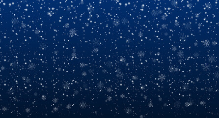 Vector heavy snowfall. Snowflakes in different shapes and forms. White snowflakes flying in the air. Snow flakes. Snow background