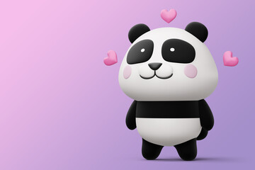 Cute panda with heart, cute animal, 3d rendering