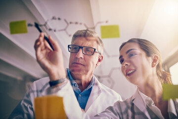 This makes a whole lot of sense. Shot of two focused scientists working together solving equations...