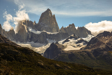 View of Fitzroy Mountain. Fitz Roy is a mountain located near the town of El Chaltén in Southern Patagonia on the border between Chile and Argentina.