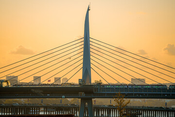 Views of Halic metro bridge in Istanbul city during sunset on a clear summer day