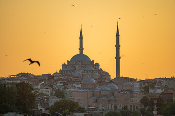 Fototapeta na wymiar Fatih Mosque during sunset from the Galata Bridge, in the city of Istanbul in Turkey