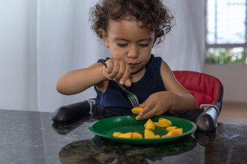 Latin American boy sitting in his chair eating his fruits alone, he is an independent child....