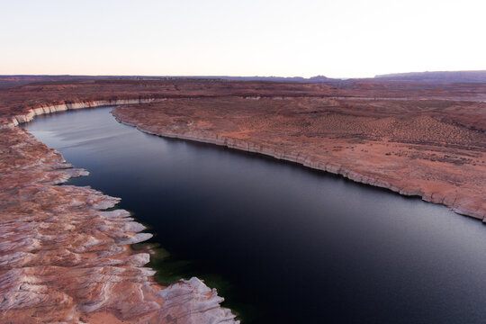Drone shots of the desert lake and red rocks