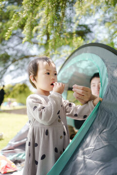 Asian Baby Have Tent Picnic With Dad