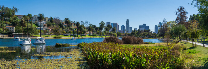 Panorama Los Angeles skyline skyscrapers from the lake of Echo Park Los Angeles California 
