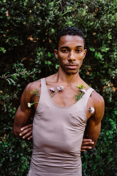 Portrait of expressive male dancer in nature 
