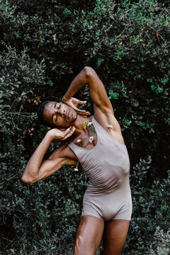 Portrait of expressive male dancer in nature 