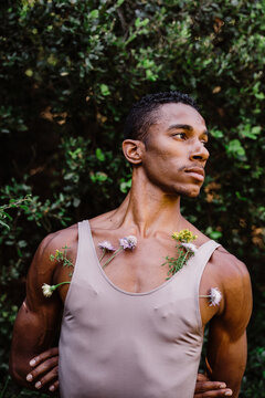 Portrait of expressive male dancer in nature 