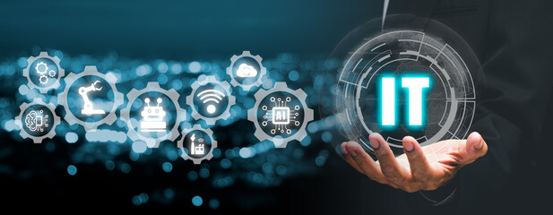 Consulting business concept, Business person hand holding VR screen IT Consulting icon, robotic process automation, marketing dashboard..