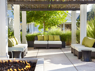Architecture image of resort lounge with gas fire pit
