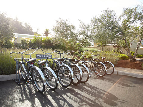 Bikes lined up at bike rack at resort