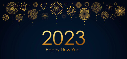 2023 New Year Abstract golden fireworks and golden gradient numbers on dark background