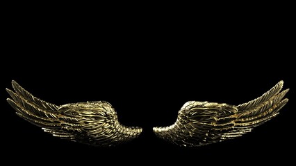 Gold wings under black lighting background. Concept image of free activity, decision without regret and strategic action. 3D CG. 3D illustration.