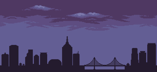 Fototapeta na wymiar Pixel art city background with buildings, constructions, bridge and cloudy sky for 8bit game 